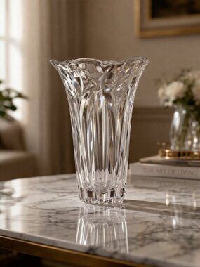 Mikasa fluted crystal vase with floral relief (V-Flute variant)